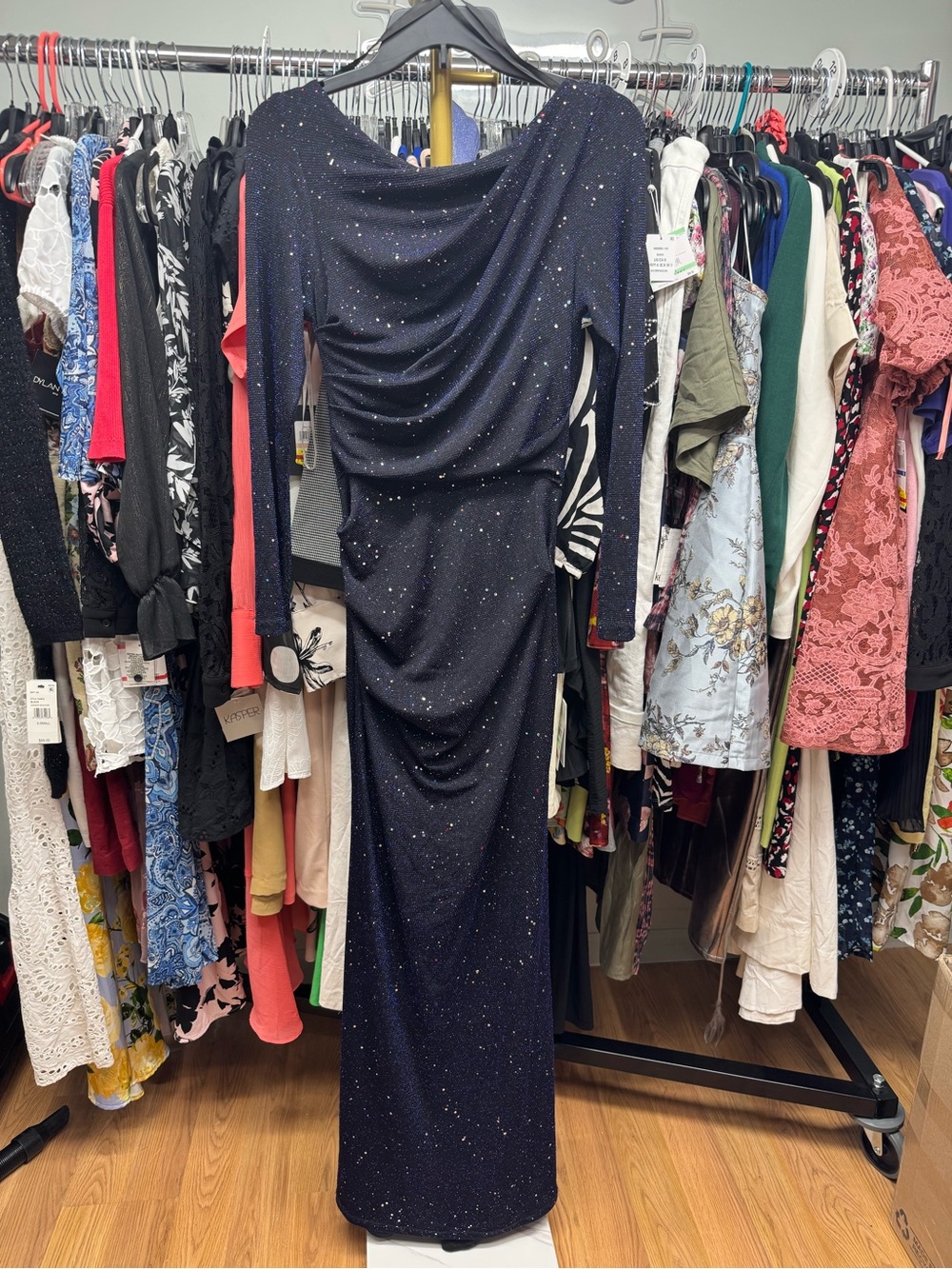 Betsy & Adam Elegant Long Sleeve Navy Sparkle Evening Gown